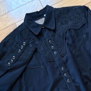 Scully Embroidered Western Shirt Mens Sz L Triple Black Pearl Snap Long Sleeve